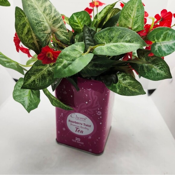 Hand Crafted Floral Table Centerpiece Spring Red Flower Tea Tin - Picture 6 of 9